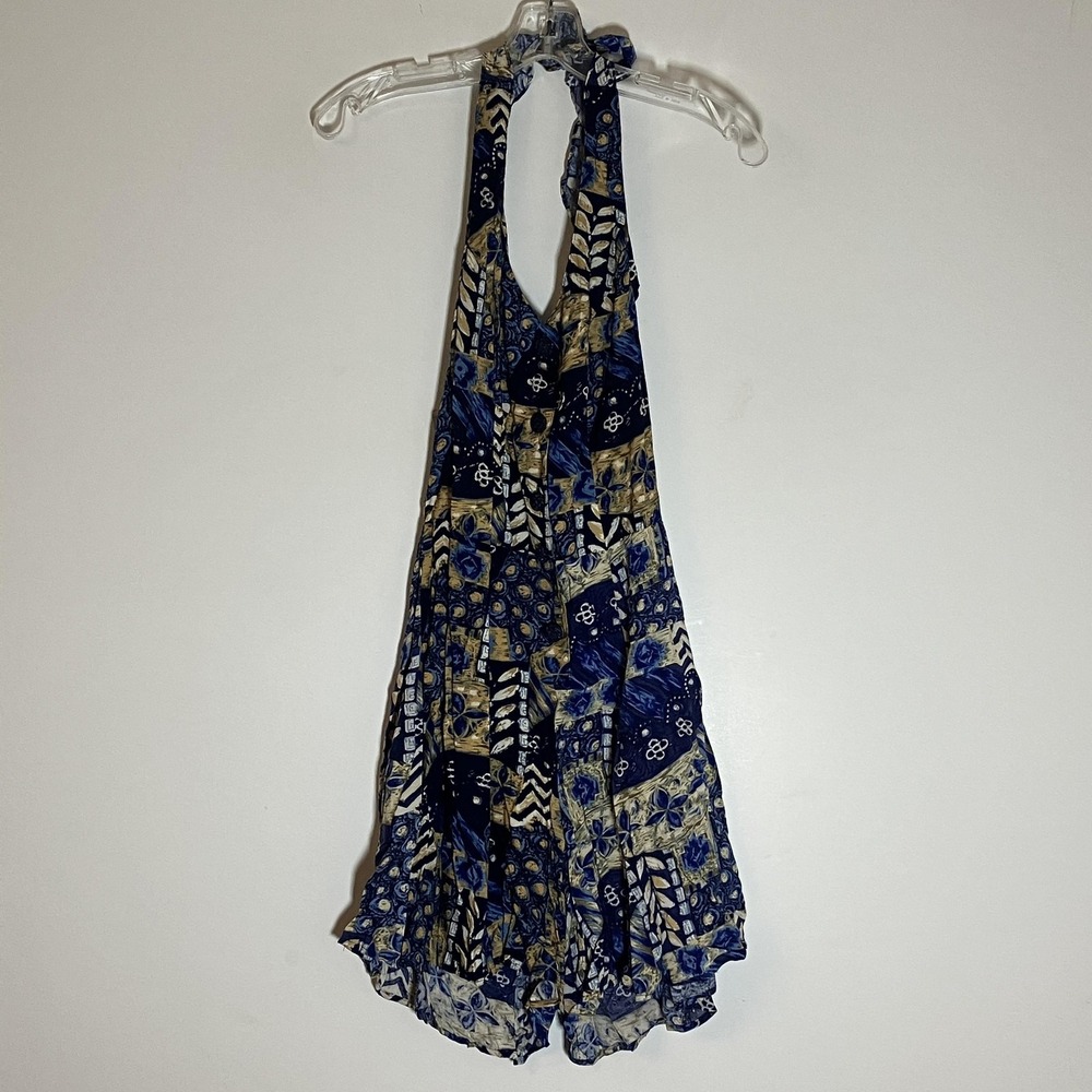 Joni Blair Dress Womens 9/10 Blue Beige Halter Button Front Ruffle Hem Rayon